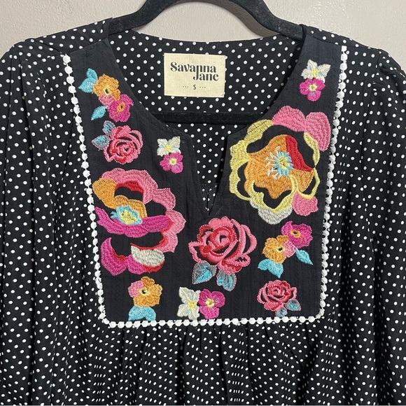 Savanna Jane Black Polka Dot Floral Embroidered Blouse BOHO - Picture 4 of 6